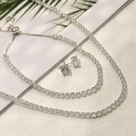 Dainty Tennis Necklace & Bracelet Set | Silver Plated CZ - Picture 1 of 13